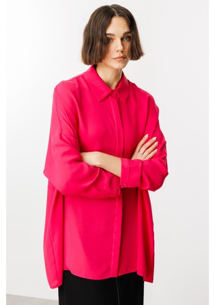 Özel Kalıp Zamansız Akıcı Kumaştan Bluz Tunik-Pembe fırsatları