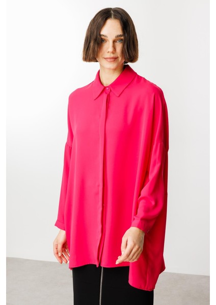 Özel Kalıp Zamansız Akıcı Kumaştan Bluz Tunik-Pembe