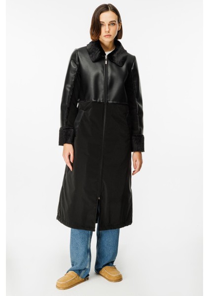 Camo Içi Yumuşak Kürk Kaplı Deri Görünümlü Üst Beden ve Dolgulu Spor Özel Kumaş Kaban Manto-Siyah