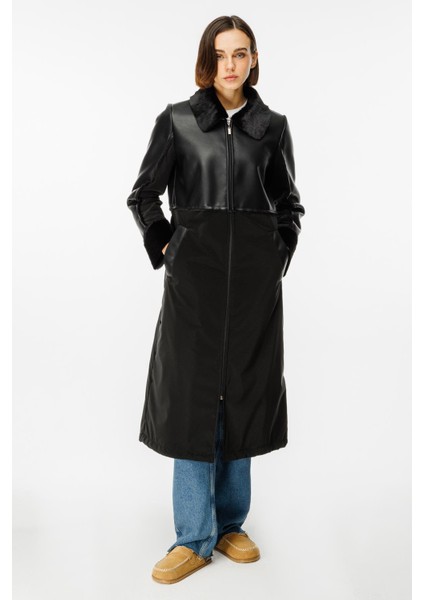 Camo Içi Yumuşak Kürk Kaplı Deri Görünümlü Üst Beden ve Dolgulu Spor Özel Kumaş Kaban Manto-Siyah fiyatları