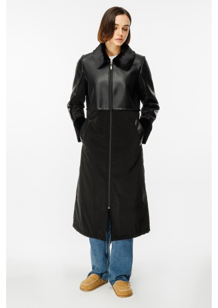 Camo Içi Yumuşak Kürk Kaplı Deri Görünümlü Üst Beden ve Dolgulu Spor Özel Kumaş Kaban Manto-Siyah modelleri