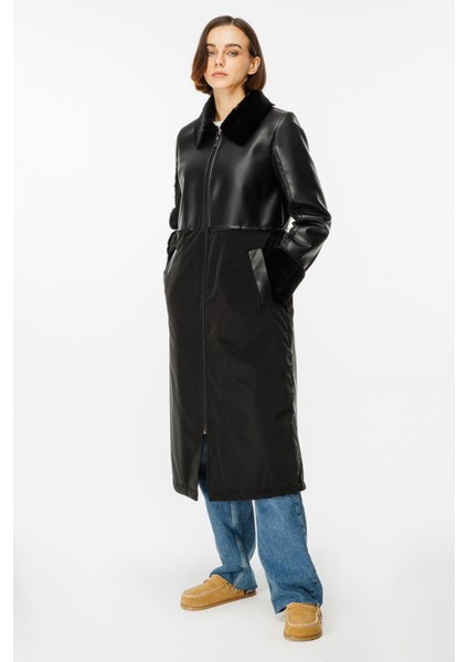 Camo Içi Yumuşak Kürk Kaplı Deri Görünümlü Üst Beden ve Dolgulu Spor Özel Kumaş Kaban Manto-Siyah fırsatları