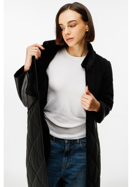 Camo Içi Yumuşak Kürk Kaplı Deri Görünümlü Üst Beden ve Dolgulu Spor Özel Kumaş Kaban Manto-Siyah indirimleri