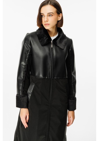 Camo Içi Yumuşak Kürk Kaplı Deri Görünümlü Üst Beden ve Dolgulu Spor Özel Kumaş Kaban Manto-Siyah