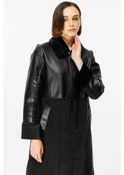 Camo Içi Yumuşak Kürk Kaplı Deri Görünümlü Üst Beden ve Dolgulu Spor Özel Kumaş Kaban Manto-Siyah