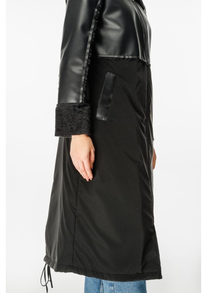 Camo Içi Yumuşak Kürk Kaplı Deri Görünümlü Üst Beden ve Dolgulu Spor Özel Kumaş Kaban Manto-Siyah