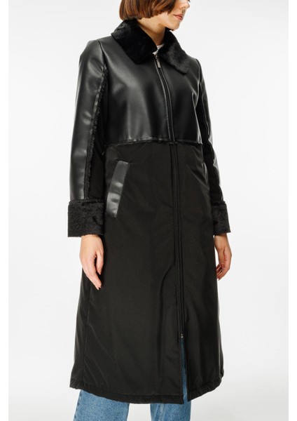 Camo Içi Yumuşak Kürk Kaplı Deri Görünümlü Üst Beden ve Dolgulu Spor Özel Kumaş Kaban Manto-Siyah