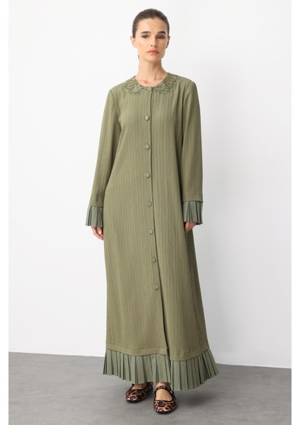 Plise Kol ve Etek Turu Detaylı Işleme Yakalı Özel Dokuma Kumaş Ferace-Haki fiyatları