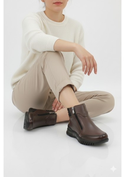 Kadın Hakiki Deri Günlük Düz Taban Çift Fermuarlı Ortopedik Bot AE25/KB1456