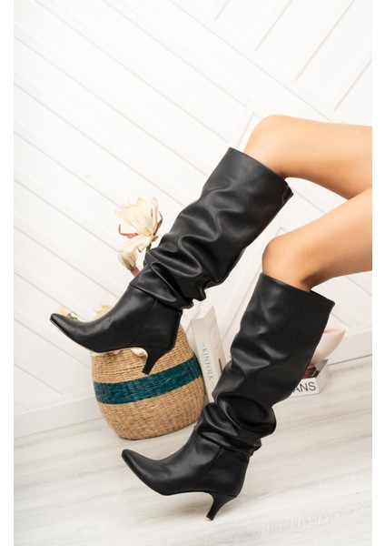 SR-2001 Siyah Körüklü Ince Topuklu Günlük Bayan Çizme