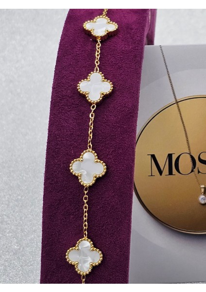 Yonca Model Sedefli Beyaz Çelik Bileklik Gold Renk