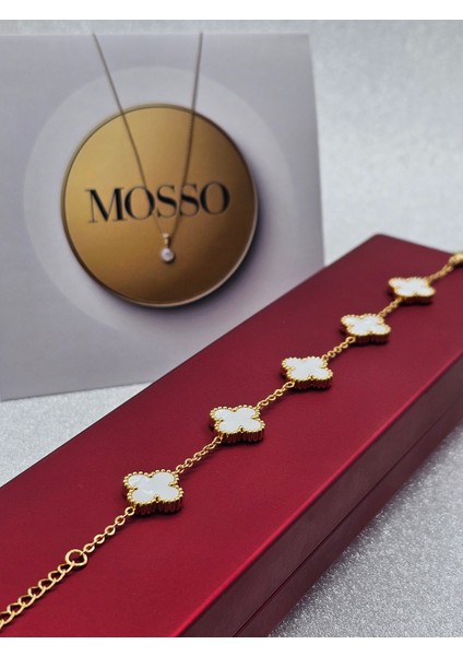 Yonca Model Sedefli Beyaz Çelik Bileklik Gold Renk modelleri