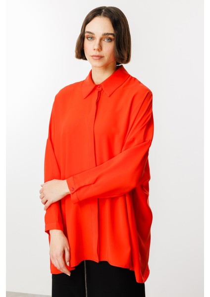 Özel Kalıp Zamansız Akıcı Kumaştan Bluz Tunik-Mercan