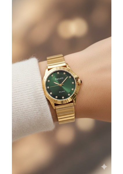 Kadın Kol Saati Altın Renk, Yeşil Kadran – Şık Metal Kordon, 2 Yıl Garantili modelleri