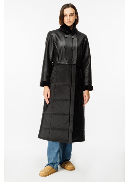 Ruul Soft Suni Kürklü Deri ile Kapitone Dolgulu Alt Beden Kışlık Özel Manto Kaban-Siyah