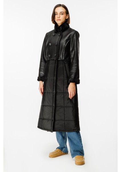 Ruul Soft Suni Kürklü Deri ile Kapitone Dolgulu Alt Beden Kışlık Özel Manto Kaban-Siyah fiyatları