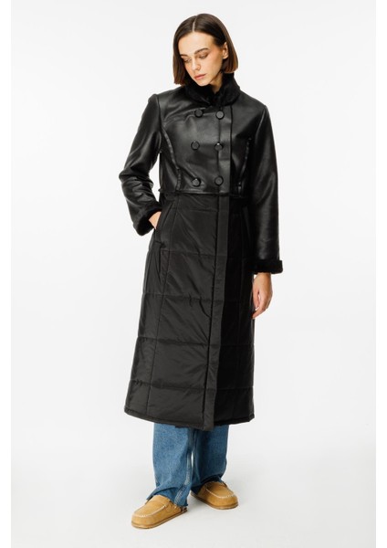 Ruul Soft Suni Kürklü Deri ile Kapitone Dolgulu Alt Beden Kışlık Özel Manto Kaban-Siyah modelleri