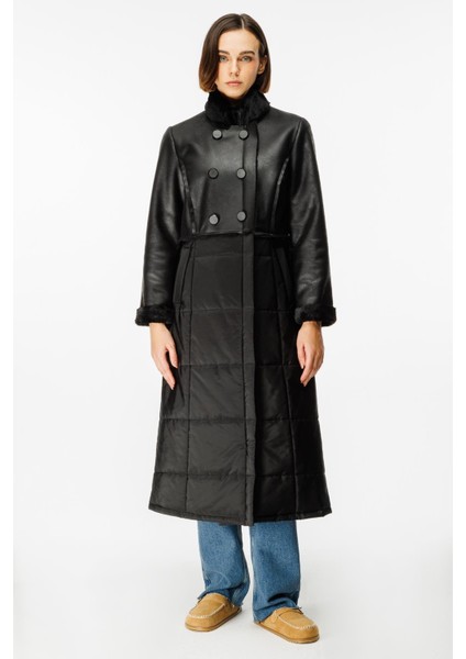 Ruul Soft Suni Kürklü Deri ile Kapitone Dolgulu Alt Beden Kışlık Özel Manto Kaban-Siyah fırsatları