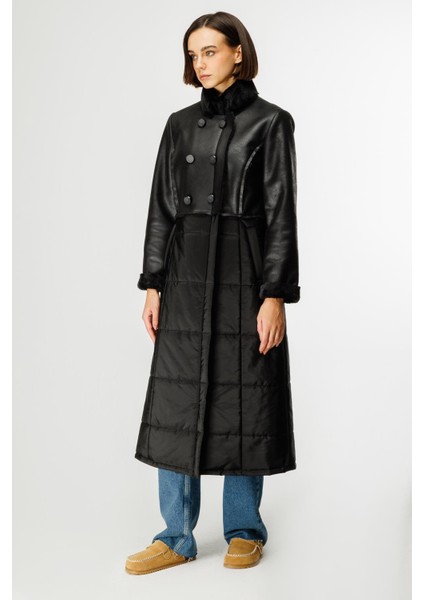 Ruul Soft Suni Kürklü Deri ile Kapitone Dolgulu Alt Beden Kışlık Özel Manto Kaban-Siyah indirimleri