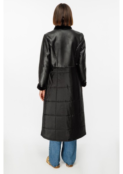 Ruul Soft Suni Kürklü Deri ile Kapitone Dolgulu Alt Beden Kışlık Özel Manto Kaban-Siyah