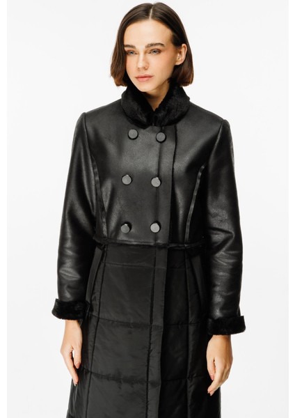 Ruul Soft Suni Kürklü Deri ile Kapitone Dolgulu Alt Beden Kışlık Özel Manto Kaban-Siyah