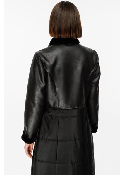 Ruul Soft Suni Kürklü Deri ile Kapitone Dolgulu Alt Beden Kışlık Özel Manto Kaban-Siyah