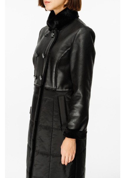 Ruul Soft Suni Kürklü Deri ile Kapitone Dolgulu Alt Beden Kışlık Özel Manto Kaban-Siyah