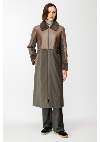 Camo Içi Yumuşak Kürk Kaplı Deri Görünümlü Üst Beden ve Dolgulu Spor Özel Kumaş Kaban Manto-Füme (Antrasit)