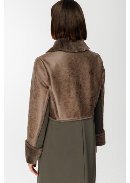 Camo Içi Yumuşak Kürk Kaplı Deri Görünümlü Üst Beden ve Dolgulu Spor Özel Kumaş Kaban Manto-Füme (Antrasit)