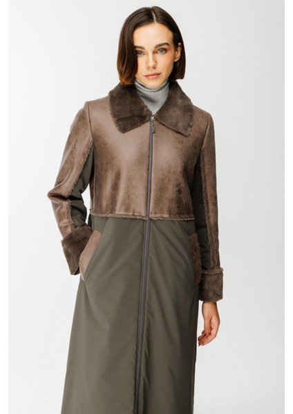 Camo Içi Yumuşak Kürk Kaplı Deri Görünümlü Üst Beden ve Dolgulu Spor Özel Kumaş Kaban Manto-Füme (Antrasit)