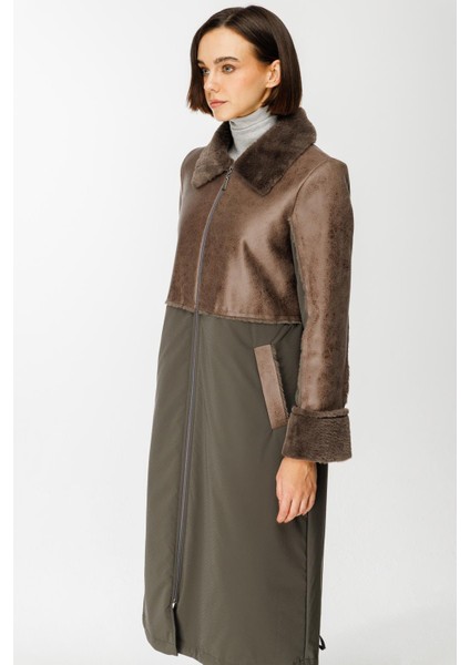 Camo Içi Yumuşak Kürk Kaplı Deri Görünümlü Üst Beden ve Dolgulu Spor Özel Kumaş Kaban Manto-Füme (Antrasit)