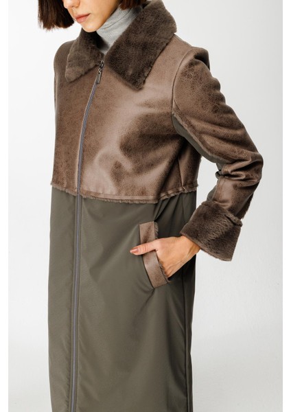 Camo Içi Yumuşak Kürk Kaplı Deri Görünümlü Üst Beden ve Dolgulu Spor Özel Kumaş Kaban Manto-Füme (Antrasit)