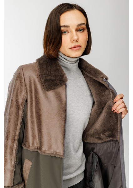 Camo Içi Yumuşak Kürk Kaplı Deri Görünümlü Üst Beden ve Dolgulu Spor Özel Kumaş Kaban Manto-Füme (Antrasit)