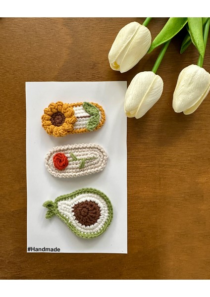 Saç Tokası Özel Tasarım Güneş,çiçek,avakado Handmade 3'lü Çıt Çıt Toka Seti