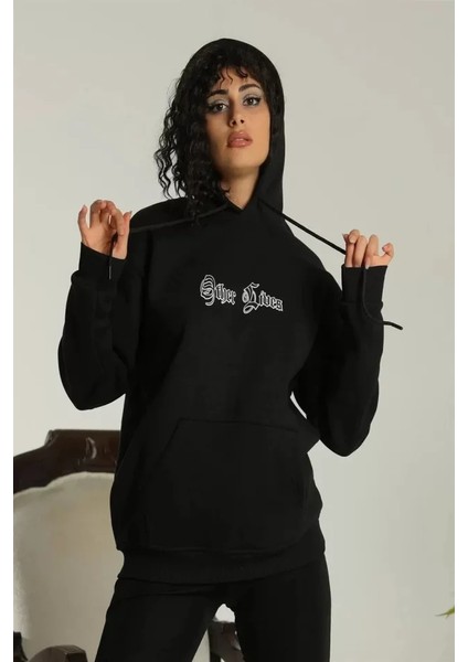 Sırt Baskılı Oversize Üç Iplik Kapüşonlu Sweatshirt