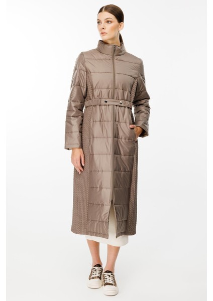 Leaf Işleme Yan Esnek Kapitone Dokuma Içi Dolgulu Kaban Manto-Vizon