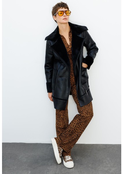 Crok Suni Deri ve Içi Soft Kürk Kaplı Spor Kaban-Siyah