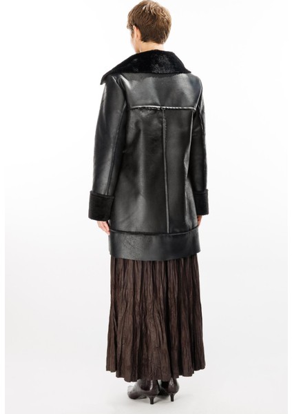 Crok Suni Deri ve Içi Soft Kürk Kaplı Spor Kaban-Siyah