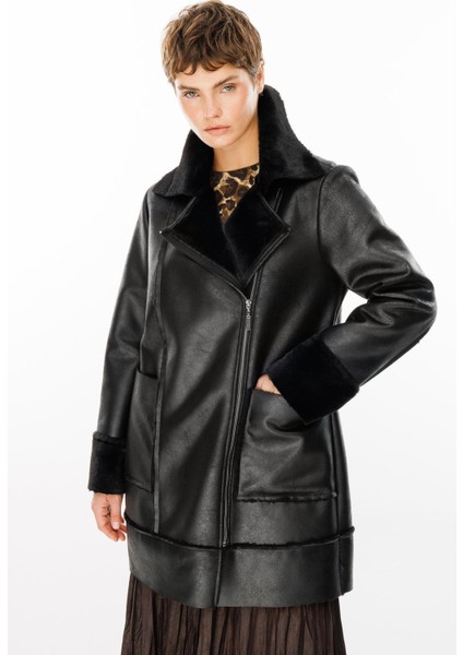 Crok Suni Deri ve Içi Soft Kürk Kaplı Spor Kaban-Siyah