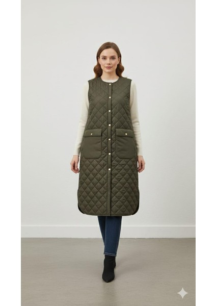 Zamansız (Yumuşak) Elyaf Dolgulu Astarlı Yelek-Haki