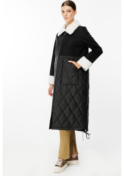 Polar Astarlı Üst Beden Soft Suni Kürk Detaylı ve Dolgulu Kapitone Alt Beden Trench Kaban-Siyah