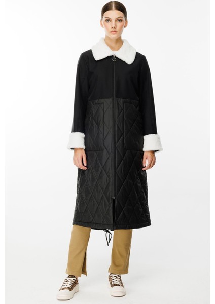 Polar Astarlı Üst Beden Soft Suni Kürk Detaylı ve Dolgulu Kapitone Alt Beden Trench Kaban-Siyah fiyatları