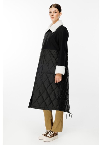 Polar Astarlı Üst Beden Soft Suni Kürk Detaylı ve Dolgulu Kapitone Alt Beden Trench Kaban-Siyah modelleri