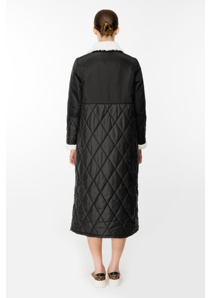 Polar Astarlı Üst Beden Soft Suni Kürk Detaylı ve Dolgulu Kapitone Alt Beden Trench Kaban-Siyah fırsatları