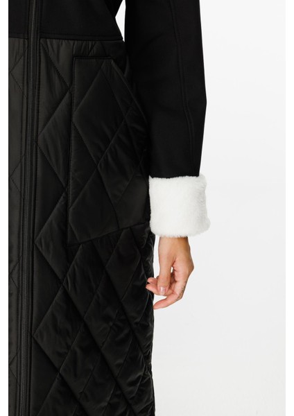 Polar Astarlı Üst Beden Soft Suni Kürk Detaylı ve Dolgulu Kapitone Alt Beden Trench Kaban-Siyah