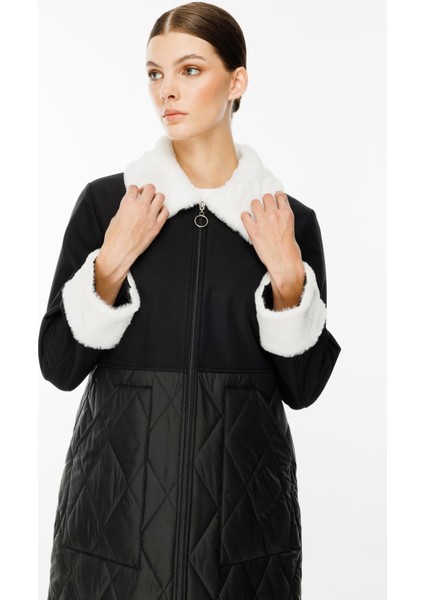 Polar Astarlı Üst Beden Soft Suni Kürk Detaylı ve Dolgulu Kapitone Alt Beden Trench Kaban-Siyah