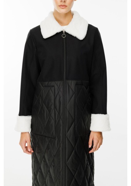 Polar Astarlı Üst Beden Soft Suni Kürk Detaylı ve Dolgulu Kapitone Alt Beden Trench Kaban-Siyah
