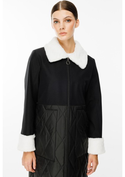 Polar Astarlı Üst Beden Soft Suni Kürk Detaylı ve Dolgulu Kapitone Alt Beden Trench Kaban-Siyah