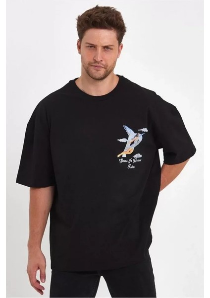 Erkek Melek Baskılı Oversize Tshirt