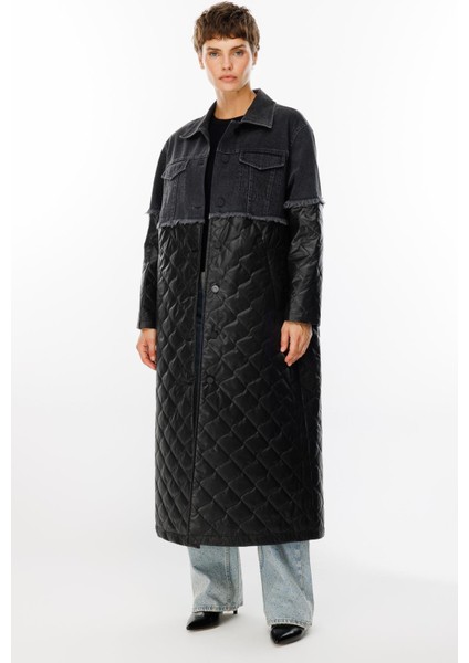 Missy Denim Kapitone Uyumlu Hafif Spor Zamansız Trench Kaban Manto-Siyah